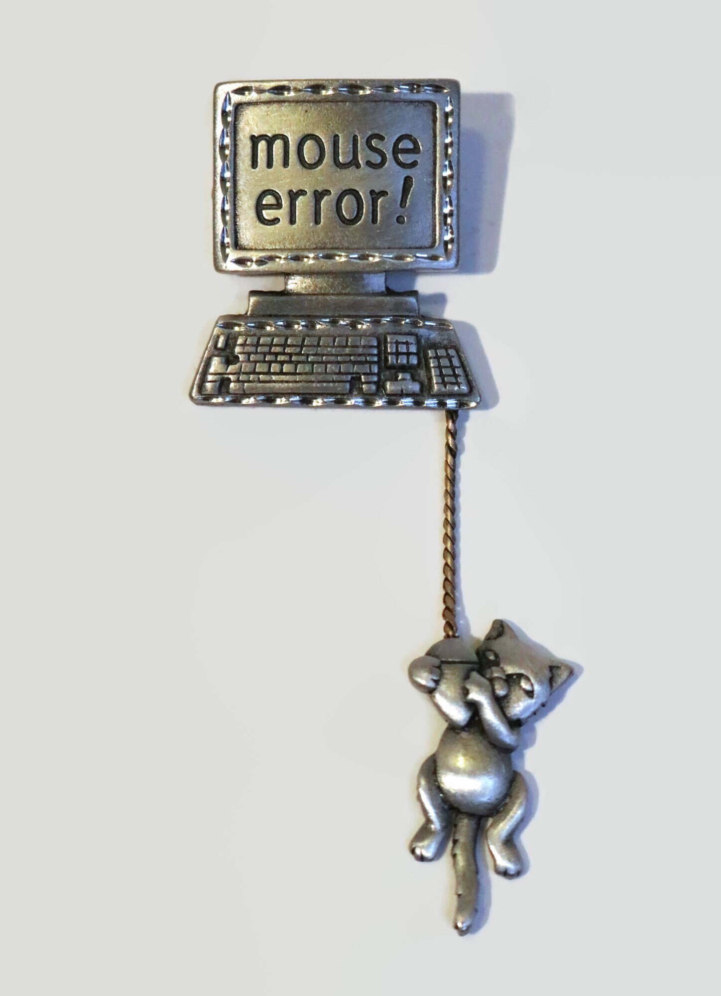 Vintage JJ Jonette Jewelry Pewter Mouse Error Cat hanging from Computer ...