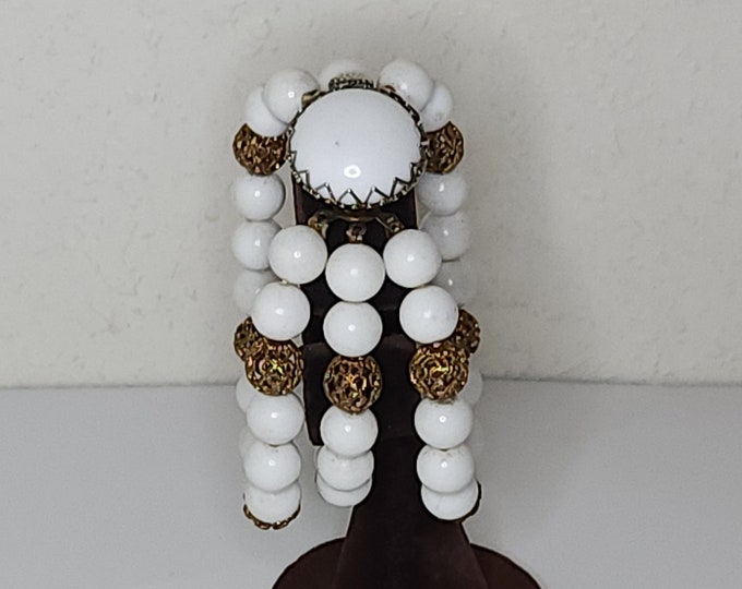 Vintage Faux Milk Glass and Gold Tone Beaded Three Strand Bracelet D-2-56