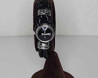 Vintage Ginger Snaps Black Leather Braided Bracelet with Cross Charm C-5-39