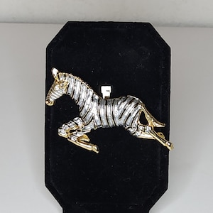 Vintage Gold Tone Zebra with Silver Tone and Black Enamel Stripes Brooch Pin A-2-52