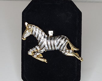 Vintage Gold Tone Zebra with Silver Tone and Black Enamel Stripes Brooch Pin A-2-52