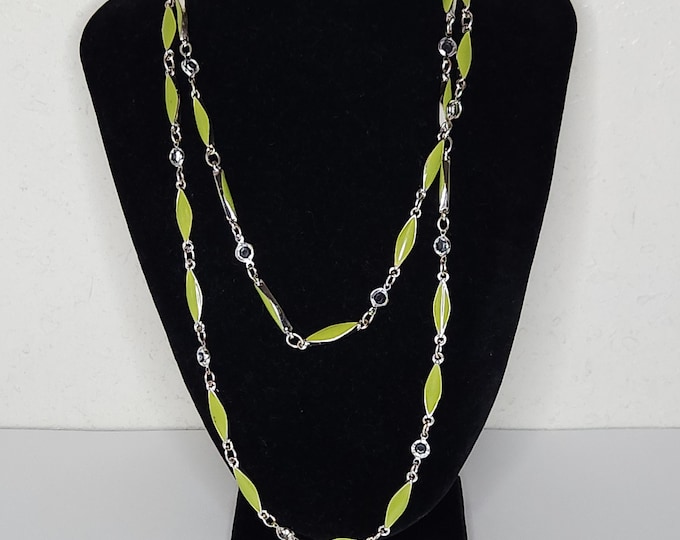 Vintage Anne Klein Signed Long Silver Tone and Chartreuse Green Enamel Oval Link Necklace C-8-49