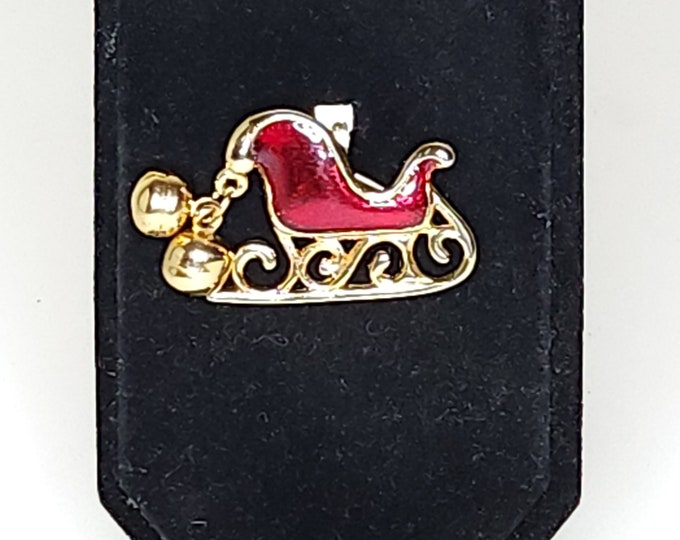 Vintage Signed S Gold Tone and Red Enamel Sleigh Brooch Pin with Bells B-4-37