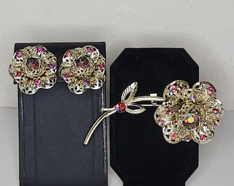 Vintage Sarah Coventry Signed 1960's "Fashion Flower" Gold Tone and Red AB Rhinestone Large Brooch and Clip-On Earrings Set C-3-11