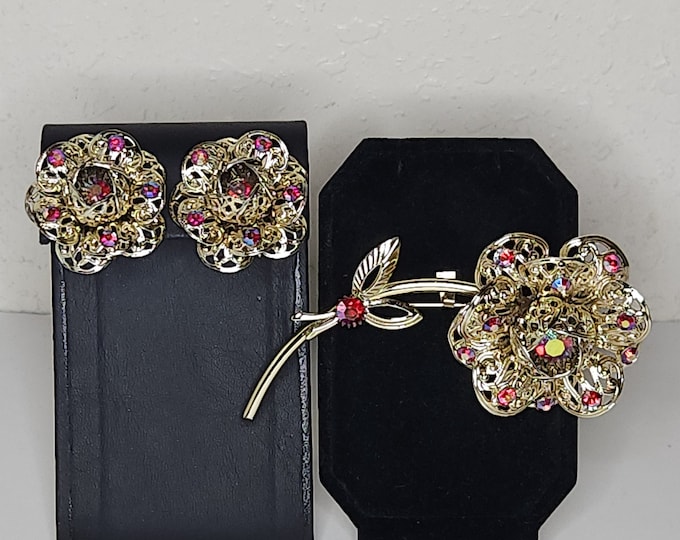 Vintage Sarah Coventry Signed 1960's "Fashion Flower" Gold Tone and Red AB Rhinestone Large Brooch and Clip-On Earrings Set C-3-11