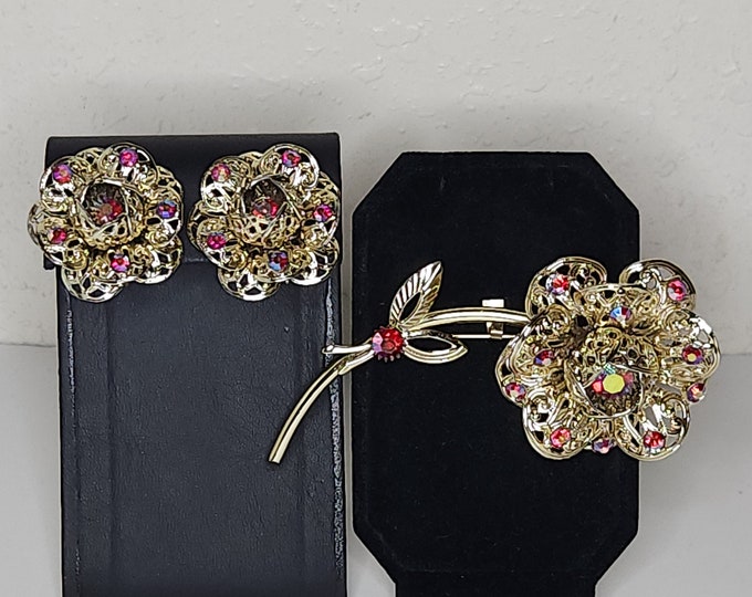 Vintage Sarah Coventry Signed 1960's "Fashion Flower" Gold Tone and Red AB Rhinestone Large Brooch and Clip-On Earrings Set C-3-11