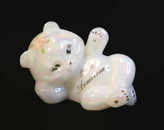 Fenton Reclining Bear Opal Iridized 25th Anniversary with Frit Flower