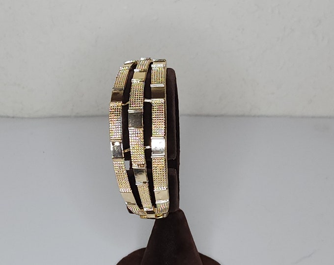 Vintage Gold Tone Three Row Textured and Smooth Rectangles Double Hinged Bracelet C-1-19