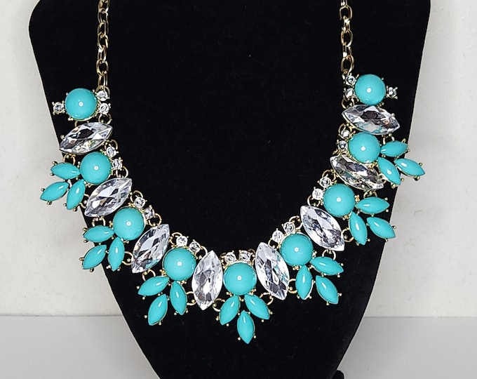 Stony Gold Tone, Faux Turquoise and Clear Rhinestone Statement Necklace with Tag C-7-76