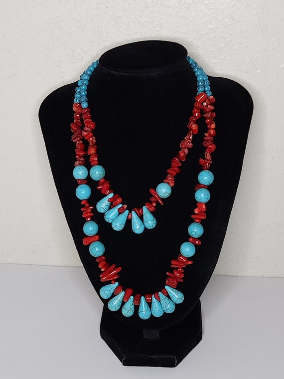 Vintage Two Strand Faux Turquoise Real Stone and R