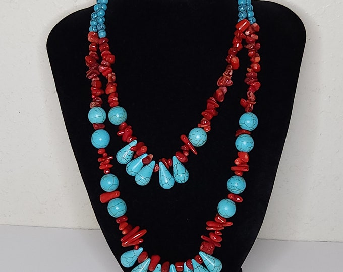 Vintage Two Strand Faux Turquoise Real Stone and Real Coral Necklace with Silver Tone Toggle Clasp C-8-59