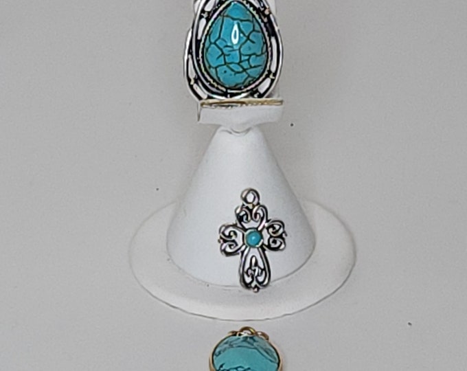 Vintage 3 Faux Turquoise Pendants - Silver Tone Teardrop, Gold Tone Oval, Silver Tone Cross C-3-77