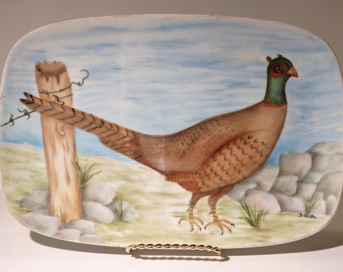 Vintage Hand-painted 10" Oblong Rectangular Quail Plate -Signed T. Allen