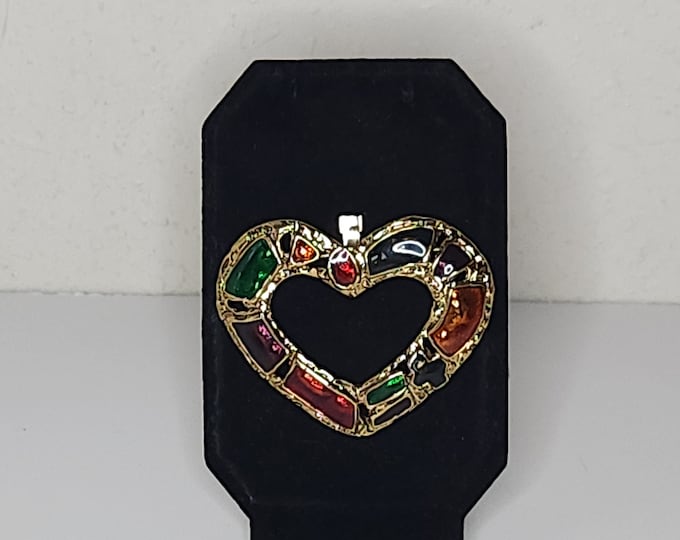 Vintage Gold Tone Heart Brooch Pin with Multicolor Enamel C-9-1