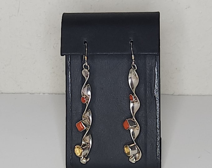Vintage RB Running Bear 925 Marked Navajo Citrine and Coral Twist Earrings Sterling - Tested C-9-33