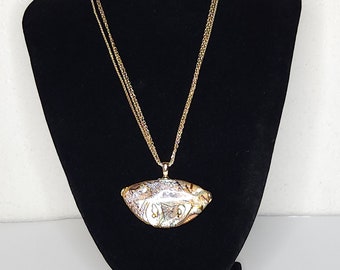 Vintage Gold Tone Oval Abalone Pendant on Three Gold Tone Chains Necklace B-3-65