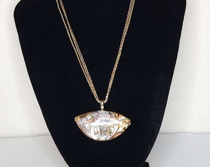 Vintage Gold Tone Oval Abalone Pendant on Three Gold Tone Chains Necklace B-3-65