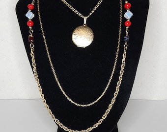 Vintage Three Strand Gold Tone Chain, Red Brown and White Glass Beads, and Patterned Locket Necklace C-9-81