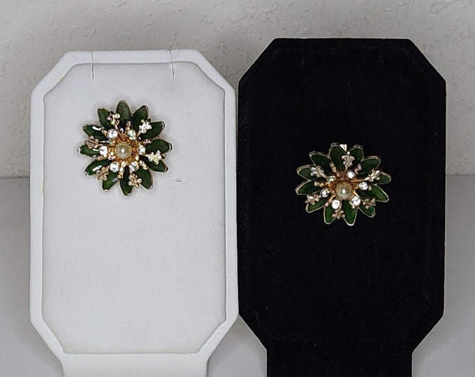Vintage Coro Signed Gold Tone Flower Scatter Pins with Green Enamel, Clear Rhinestones and Faux Pearls C-3-86