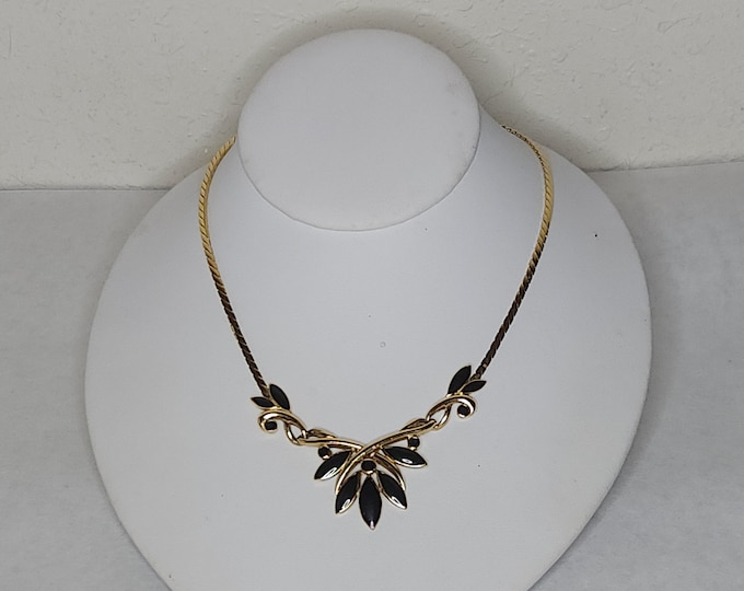 Vintage Trifari Signed Gold Tone and Black Enamel Statement Necklace B-8-81