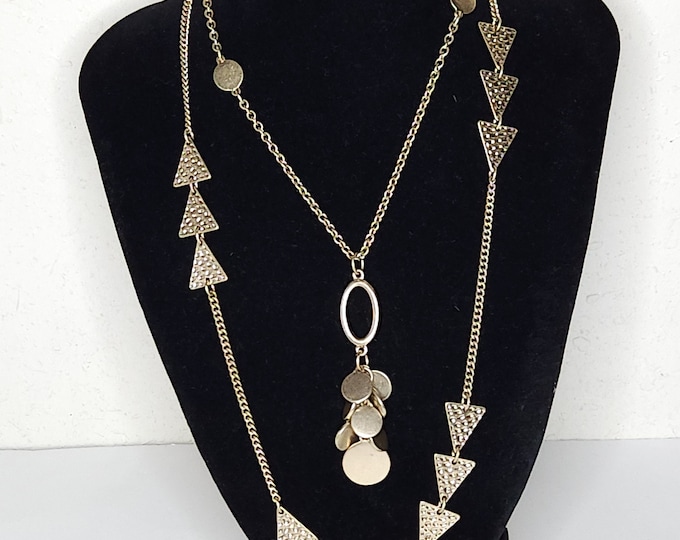 Vintage Premier Design Signed Gold Tone Two Strand Necklace with Circle Dangles and Triangles C-5-32