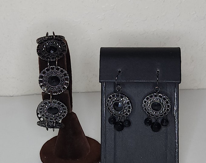 Vintage Premier Design Signed Gunmetal Tone and Black Rhinestone Circle Links Bracelet and Dangle Earrings C-5-5