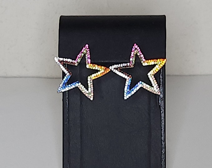Vintage Gold Tone Star Cutout with Rainbow Rhinestone Earrings C-6-33
