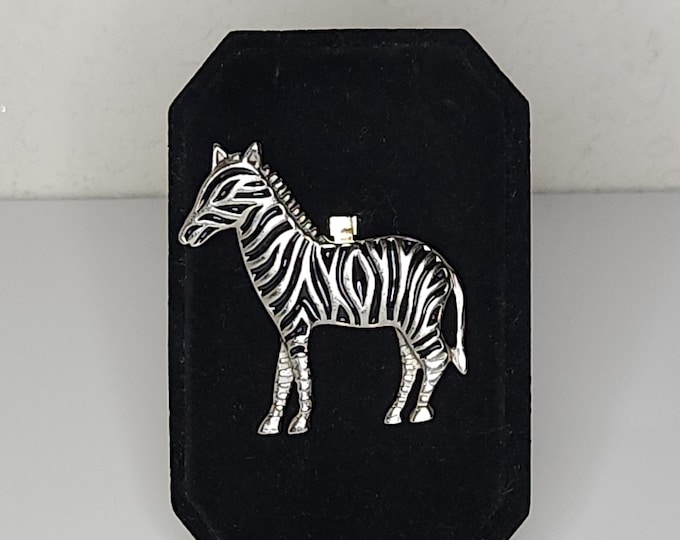 Vintage Silver Tone and Black Enamel Zebra Brooch Pin B-9-39