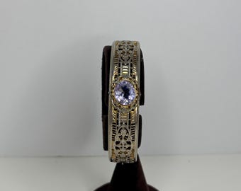 Antique Gold Tone Filigree with Lavender Purple Glass Stone Slide Closure Marked C.T. Size 7 D-8-6