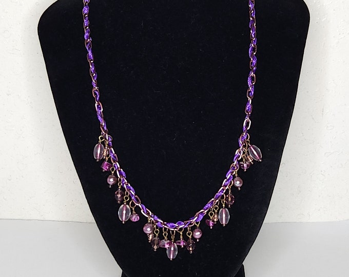 Vintage Rose Gold Tone Chain with Purple Ribbon and Purple Beads Necklace C-3-30