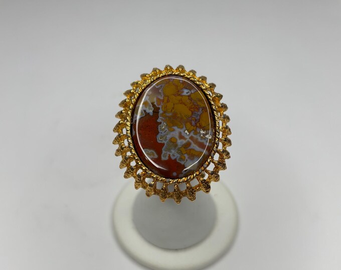 Vintage Debdritic Moss Agate Stone Gold-Tone Brooch Pendant D-7-34