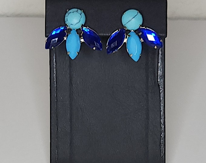 Vintage Two Tone Blue Marquise Rhinestone and Round Faux Turquoise Earrings B-3-24