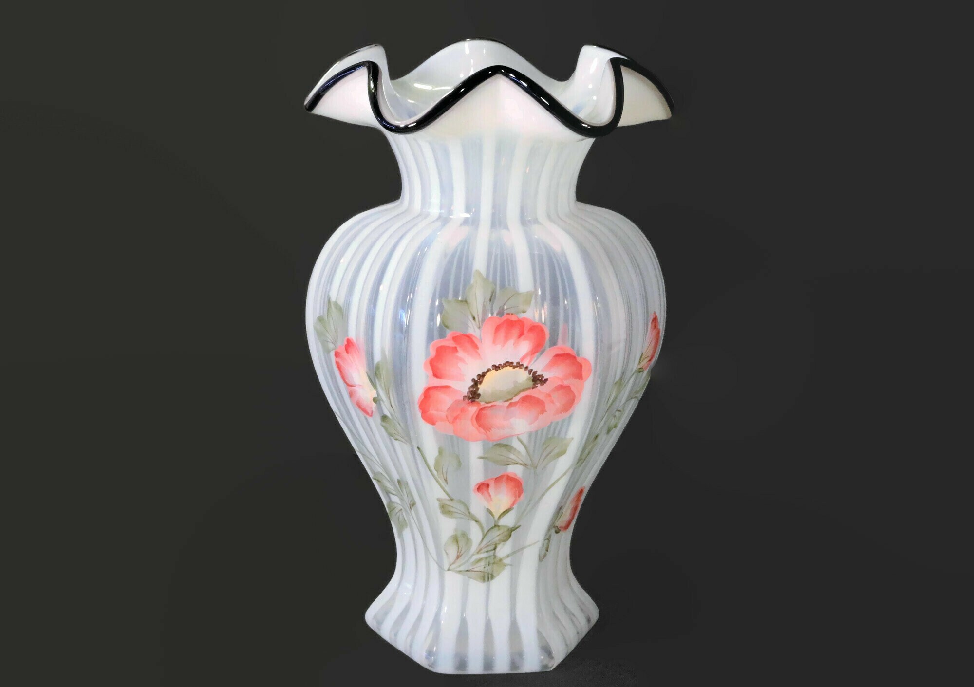 Rare Fenton Opalescent Ebony Black Crest 9 Hexigonal Hand Painted Vase