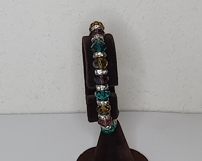 Vintage Blue, Pink and Yellow Crystal Beaded Stretch Bracelet with Silver Tone and Clear Rhinestone Spacer Beads D-2-85