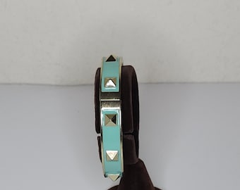 Vintage Gold Tone and Turquoise Color Enamel Studded Hinged Bangle Bracelet C-1-18