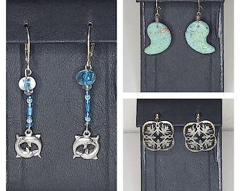 Vintage Set of Three Pairs of Earrings - Beaded Dolphin, Faux Turquoise Leaves, Gold Tone Floral Squares B-3-3