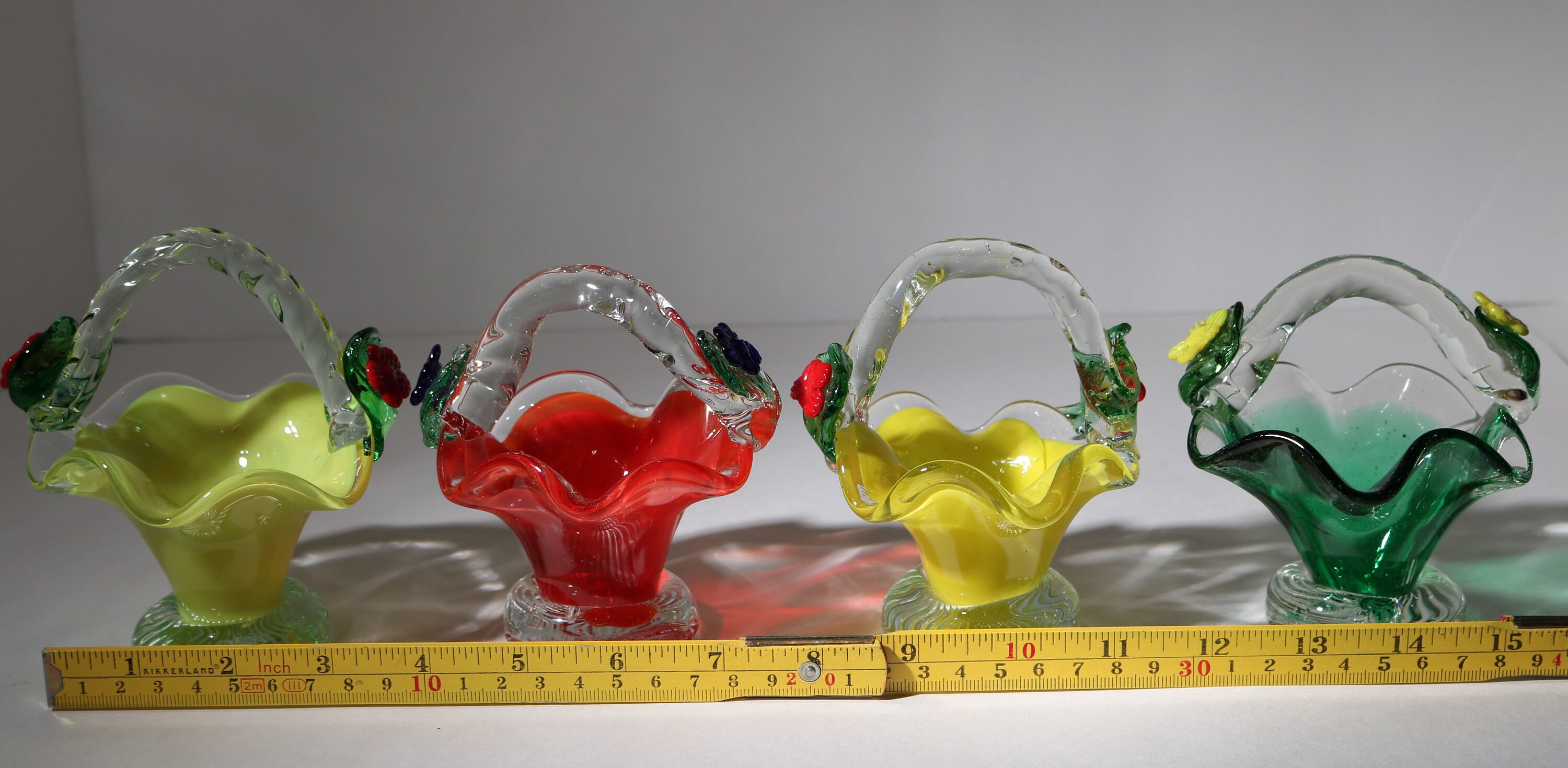 Vintage Murano Mini Glass Baskets with Applied Flowers Set of 4