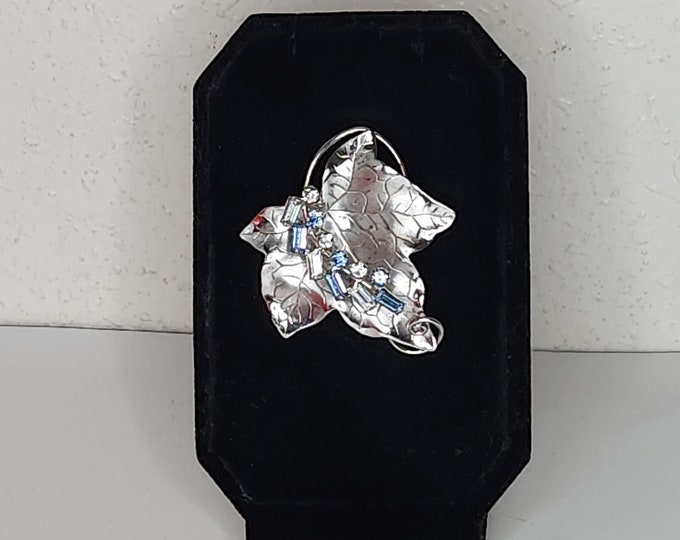 Vintage Sterling Silver Marked Leaf Brooch Pin with Clear and Blue Rhinestones D-4-2
