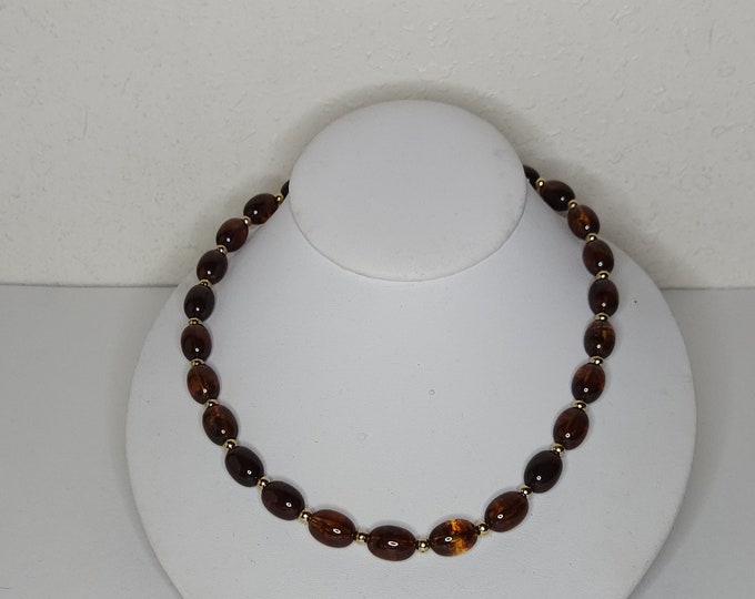 Vintage Faux Amber Plastic Oval Beaded Necklace with Gold Tone Spacer Beads and Bullet / Barrel Clasp C-1-70