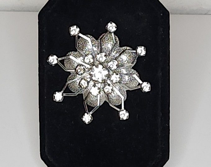 Vintage Silver Tone and Clear Rhinestone Flower Brooch Pin A-4-5