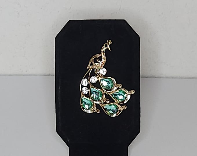 Vintage Gold Tone Peacock Brooch Pin with Green Teardrop Rhinestones and Clear Round Rhinestones D-2-95