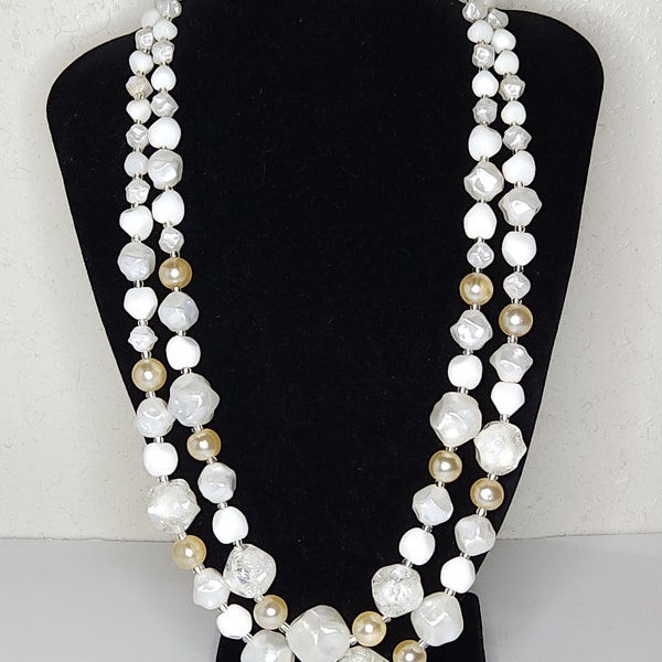 Vintage W Germany Signed Milk Glass and Acrylic Bead Two Strand Necklace C-2-38