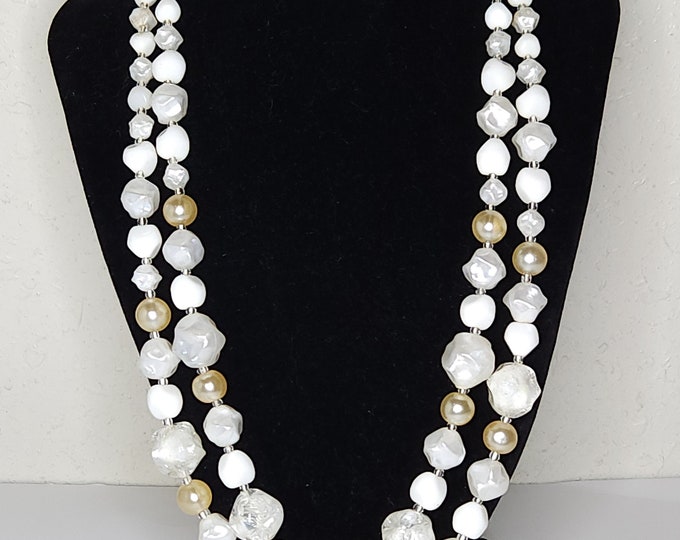Vintage W Germany Signed Milk Glass and Acrylic Bead Two Strand Necklace C-2-38