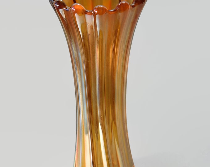 Westmoreland Corinth Marigold Carnival Glass 8 3/4" Swung/Stretch Vase ca. 1920