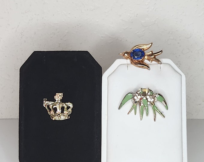 Vintage Set of Three Miscellaneous Brooch Pins - Pale Gold Tone Crown, Silver Tone and Green Enamel Two Birds, Coro Signed Bird D-4-79
