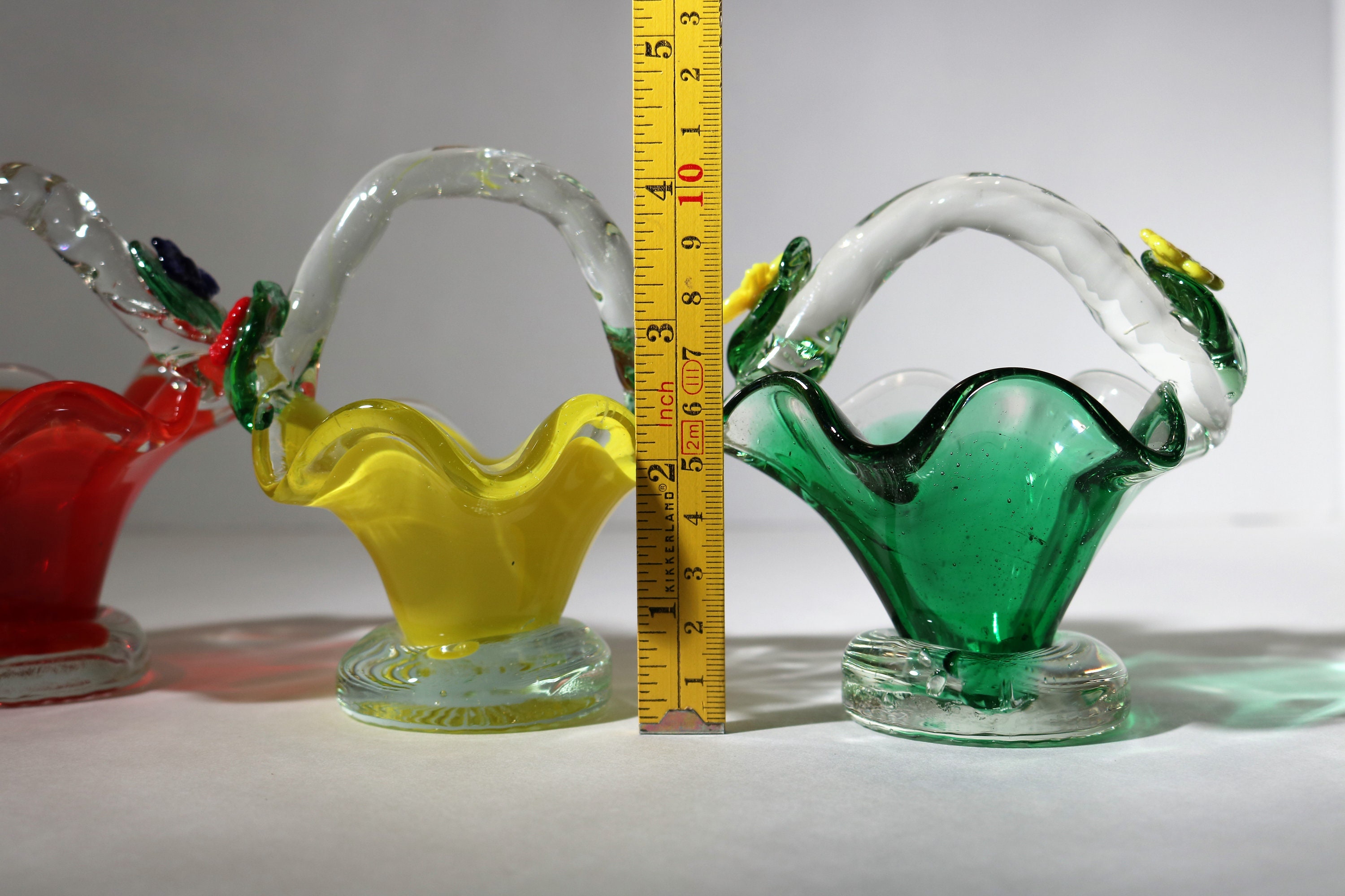 Vintage Murano Mini Glass Baskets with Applied Flowers Set of 4