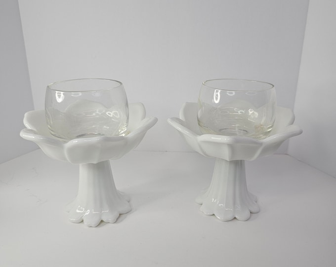 Westmoreland Milk Glass Two-way Lotus Candle Stick Votive Holder Set Pair
