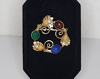 Vintage Gold Filled Marked Wreath Brooch Pin with Real Stone Scarab Cabochons C-3-12