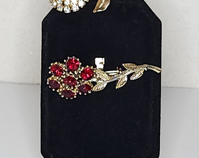 Vintage Set of Two Flower Brooch Pins in Gold Tone - Red Rhinestone, Clear Rhinestone C-3-3