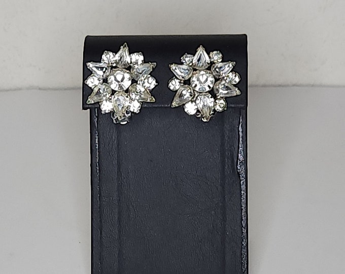 Vintage Garne Signed Silver Tone Floral Clip-On Earrings with Clear Teardrop and Round Rhinestones C-9-97